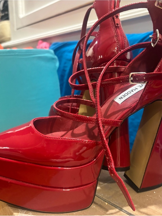 Steve Madden Shoes - Steve Madden Red Patent Platform Block Heels with Strappy Wrap